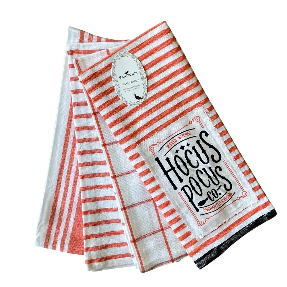 4pc Halloween HOCUS POCUS Kitchen Towels 18x28 Orange White Black New
